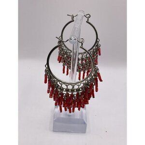 Vintage-Inspired Red Beaded Hoop Earrings With Silver-Tone Chains